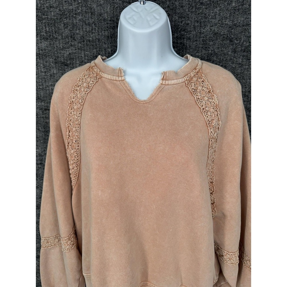 Aerie Sweatshirt Womens XS Pink Crewneck Fleece Pullover Crochet Lace Raglan - Picture 3 of 9